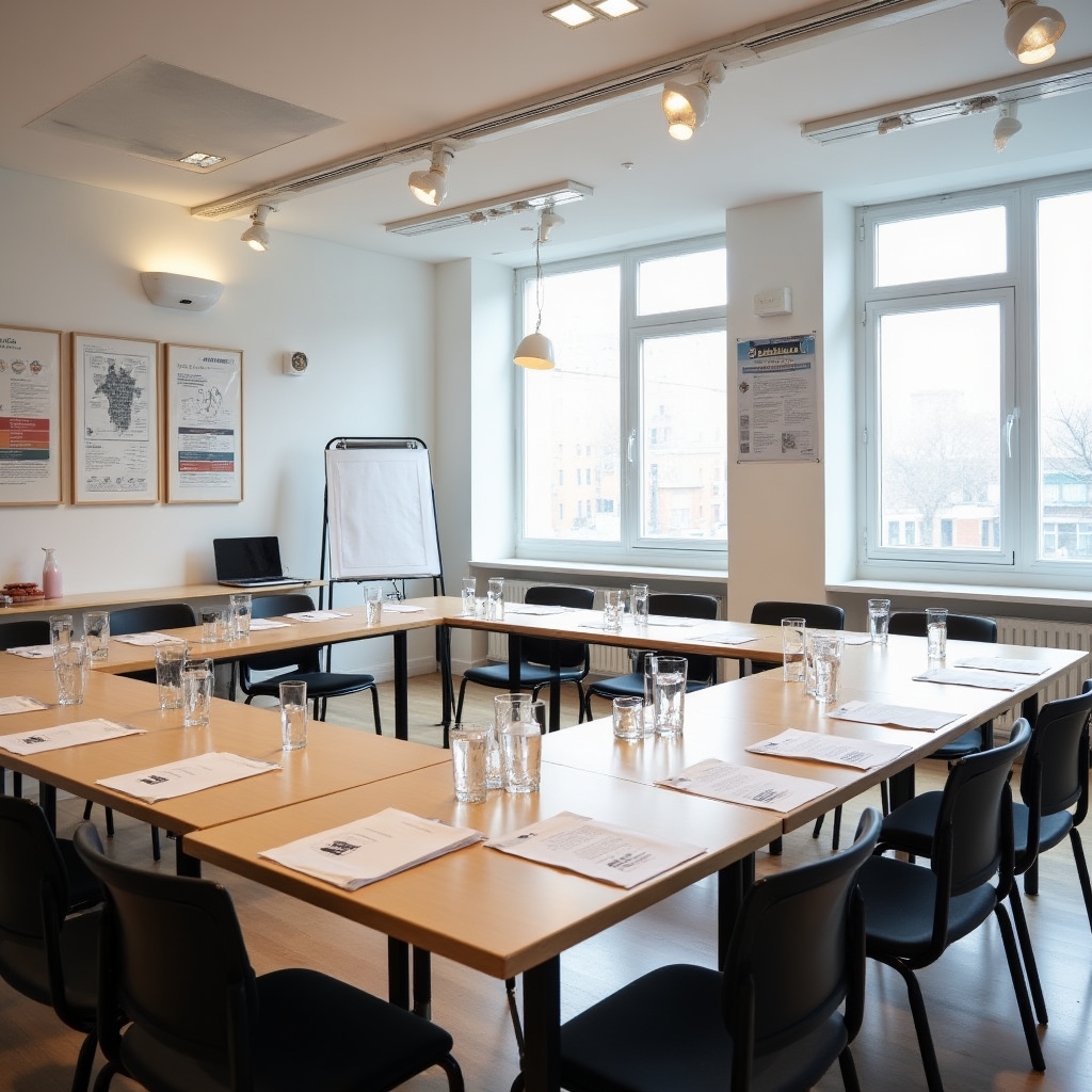 Bright, modern workshop space at Calea Floreasca with tables arranged for collaborative work