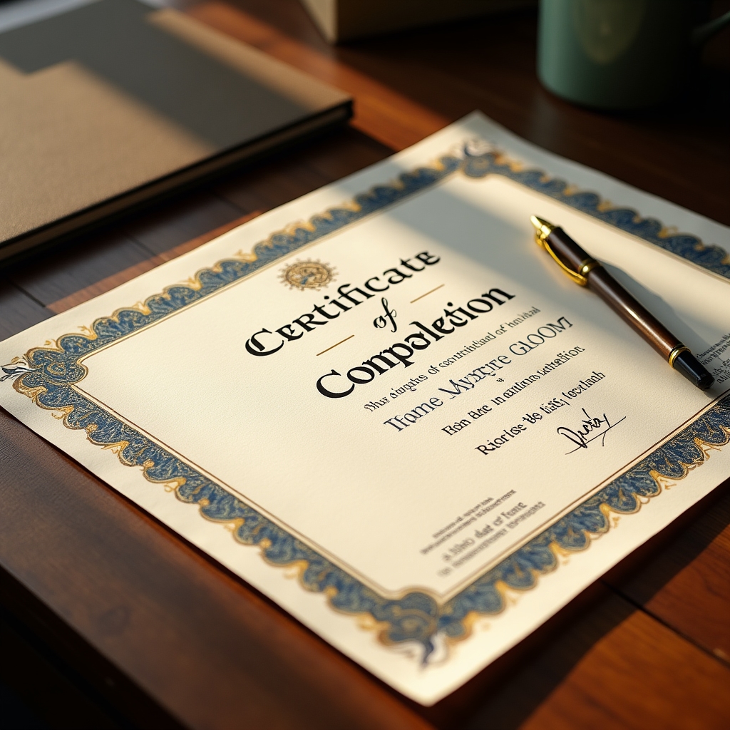 Sample certificate of completion from the Data Clarity Workshop on a desk
