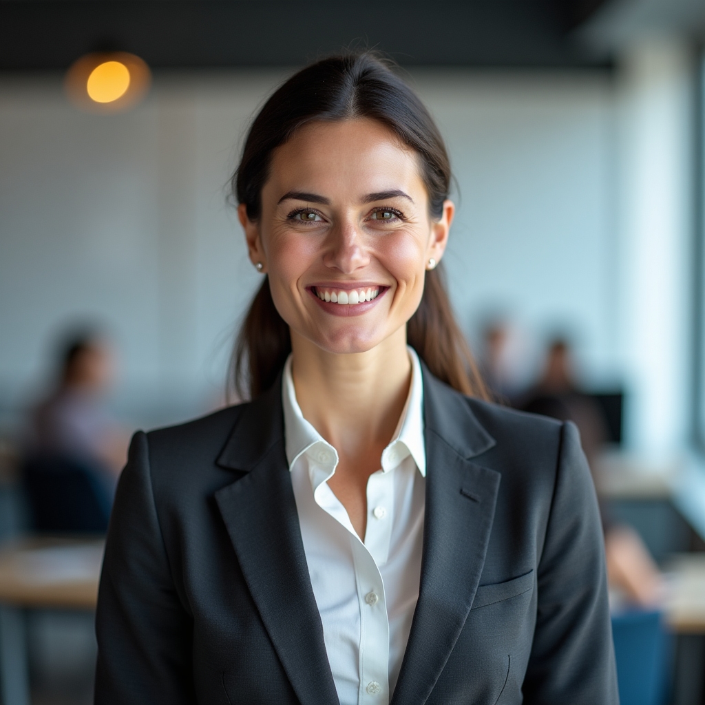 Ana Ionescu, workshop facilitator, smiling in a bright office environment