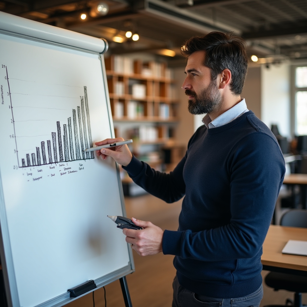 Mihai Popa, data communication specialist, standing at a whiteboard with charts