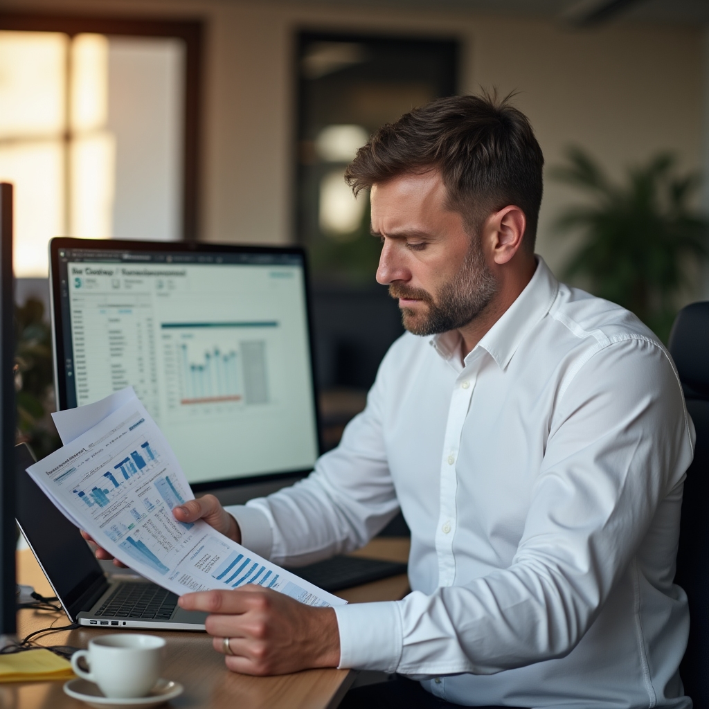 A team lead reviewing a printed report with charts and data tables
