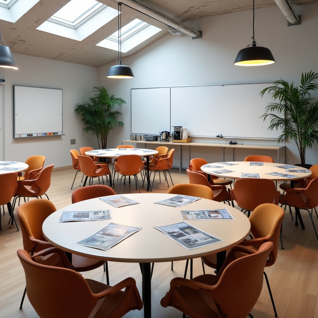 Collaborative training room in Timișoara with whiteboards and workshop materials